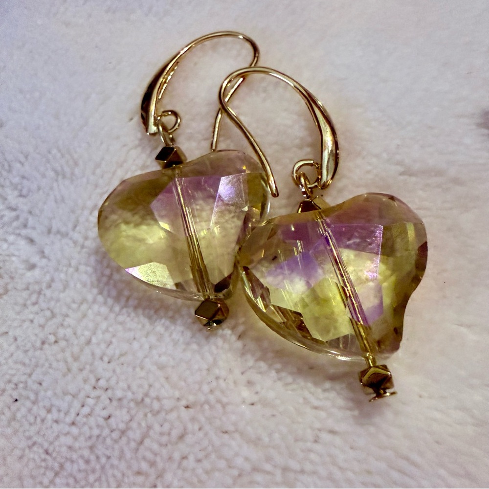 Iridescent Heart-Shaped Crystal Drop Earrings on 18KGP Hook Ear Wires - Picture 2 of 4